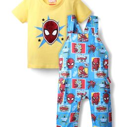 Babyhug Marvel Single Jersey Knit Dungaree & Half Sleeves Inner Tee with Spider Man Graphics - Yellow & Light Blue-image-93