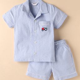 Smarty Boys Textile Knit Half Sleeves Striped Shirt & Shorts Co-Ord Set With Tractor Embroidery - Light Blue-image-40