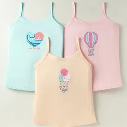 Revvo Junior Cotton Knit Sleeveless Slips With Beach Theme Parachute & Ice Cream Print Pack Of 3 - Light Pink Cream & Light Blue-picture-1