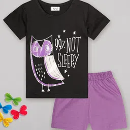 Sheer Love Cotton Jersey Knit Half Sleeves Owl Printed Night Suit Set - Black & Purple-picture-8