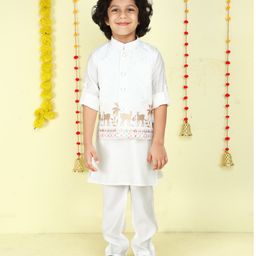 Ministitch Cotton Silk Woven Full Sleeves Solid Kurta & Pant With Animals Foil Printed Jacket Set - White-image-95
