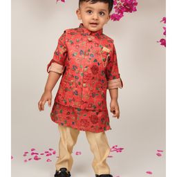 LITTLE COLLARS Silk Woven Full Sleeves Floral Printed Kurta Pyjama With Nehru Jacket & Brooch Set - Rust Orange-image-4