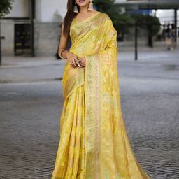 Blissta Ethnic Motifs Zari Organza Banarasi Saree-image-95