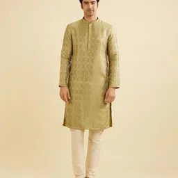 Manyavar Men Floral Woven Designs Mandarin Collar Straight Kurta With Pyjamas-picture-57