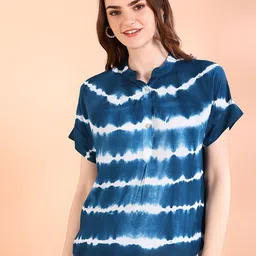 Maaesa Women Tie and Dye Mandarin Collar Top-31