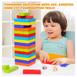 VGRASSP 54 Pcs Stacking Wooden Blocks Tower Toy For Kids With 2 Dice - Classic Balancing And Falling Tower Game For Family And Friends - Color As Per Stock image 5