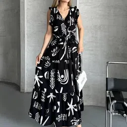 PIMU Women Abstract Printed V-Neck Maxi Dress-picture-30