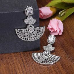 Zeneme Rhodium Plated White AD Studded Leaf Shaped Dangler Earrings-24
