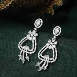 Zeneme Rhodium Plated White AD Studded Floral Shaped Drop Earrings-image-61