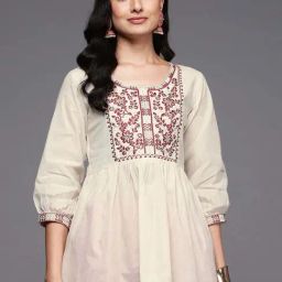 Libas Off-White Cotton Embroidered A Line Short Kurti-50