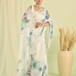 Sutra Attire White Floral Design Linen Saree-image-44