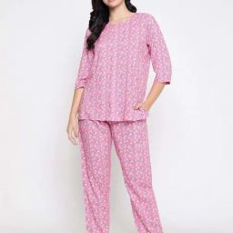 Clovia Pink Floral Printed Top and Pyjamas Set-image-18