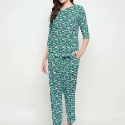 Clovia Green Floral Printed Top and Pyjamas Set-image-4