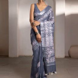 Soch Grey Linen Printed Saree With Unstitched Blouse-picture-20