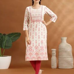 Cotton Culture Off White Cotton Floral Three-Quarter Sleeves Kurta-image-51
