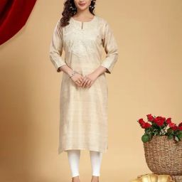 Cotton Culture Beige Chanderi Embroidered Three-Quarter Sleeves Kurta-picture-16
