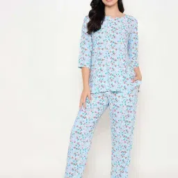 Clovia Blue Floral Printed Top and Pyjamas Set-picture-16