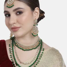 Peora Gold-Plated Kundan Green Bead Choker Long Necklace Earrings Maang Tikka Bridal Set Jewellery-image-14