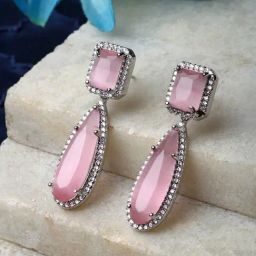 Zeneme Silver Plated Brass Pink AD Studded Teardrop Drop Earrings-9