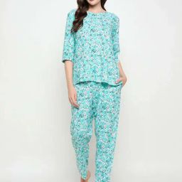 Clovia Blue Floral Printed Top and Pyjamas Set-image-60