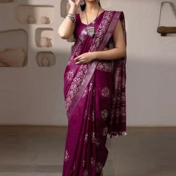 Soch Maroon Linen Printed Saree With Unstitched Blouse-image-28