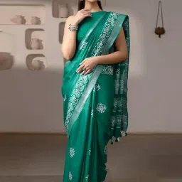 Soch Turquoise Blue Linen Printed Saree With Unstitched Blouse-picture-10