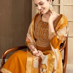 MOKOSH Women Embroidered Regular Sequinned Kurta with Trousers & With Dupatta image 2