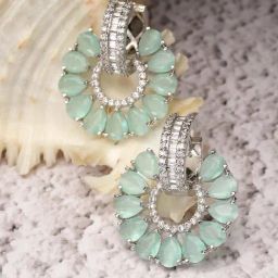Zeneme Rhodium Plated Silver Toned Floral Sea Green Crystal AD Drop Earrings-11