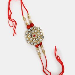 NVR Red & Gold-Toned Stone-Studded & Beaded Bhaiya Bhabhi Rakhi with Roli Chawal - Set of 2 image 3