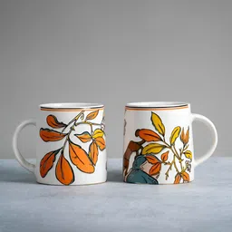 ALMIRO TREE White & Yellow 2 Pcs Printed Ceramic Matte Cups and Mugs-1