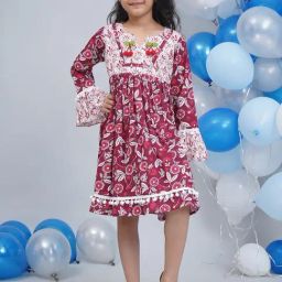 Little Bansi Girls Maroon Regular Fit Printed Dress-image-33