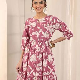 Libas Rust Floral Printed Pleated Fit And Flared Dress-image-7