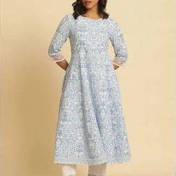 W for Woman Light Blue Floral Printed Flared Kurta-picture-15