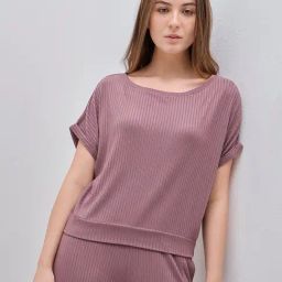 Wunderlove by Westside Mauve Ribbed Cotton Blend Top-picture-3