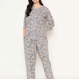 Clovia Grey Floral Printed Top and Pyjamas Set-image-1
