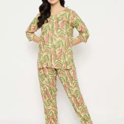 Clovia Green Print Top and Pyjamas Set-image-1