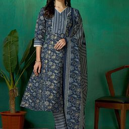 DIVASTRI Women Floral Printed Gotta Patti Pure Cotton Kurta with Trousers & Dupatta-picture-2
