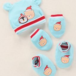 Babyhug 100% Cotton Cap Mittens & Booties Printed Blue- Diameter 9.5 cm-11