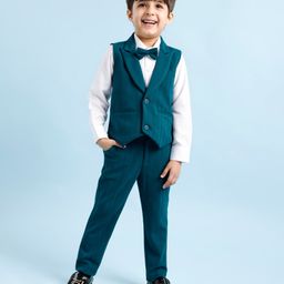Babyhug Woven Full Sleeves Stretch Fit Party Suit With Waist Coat & Bow -  White & Dark Blue-image-42