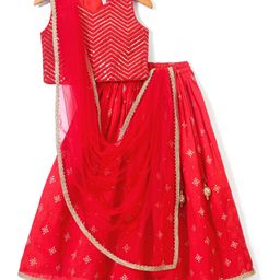 Babyhug Woven Sleeveless Sequin Embroidered  Choli With  Lehenga & Dupatta -  Red-picture-3