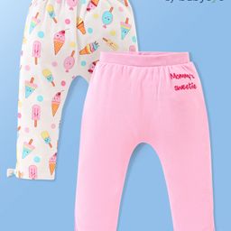 Babyoye Eco-Conscious Cotton Full Length Diaper Leggings Ice Cream Print Pack of 2 - Pink & White-image-78