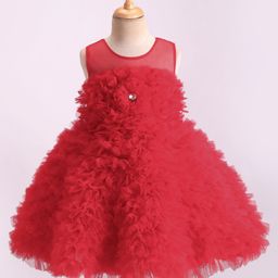 Bluebell Net Sleeveless Ruffle & Frilled Party Frock with Floral Applique - Red-image-17