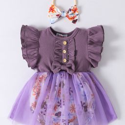 Kookie Kids Frill Sleeves Frock Style Onesie & Bow Headband With Floral Print - Purple-image-38