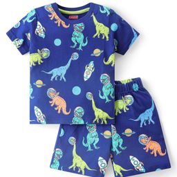 Babyhug Single Jersey Knit  Half Sleeves Nightsuit with Dino Print - Navy Blue-image-67