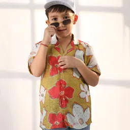 Vastramay Half Sleeves Floral Printed Schiffli Embroidered Shirt - Mustard Yellow-picture-49
