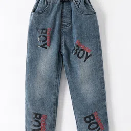 Kookie Kids Full Length Washed Denim Jeans with Text Print - Blue-picture-29