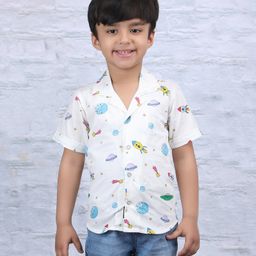 Polka Tots Half Sleeves Space Theme Printed Shirt - White-image-34