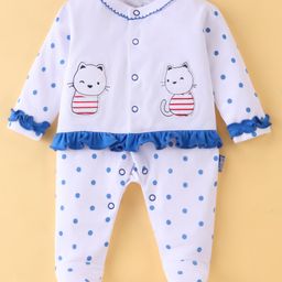 Child World Interlock Knit Full Sleeves Polka Dot Printed Footed Sleep Suit with Kitty  Embroidery & Frill Detailing - Blue & White-picture-42