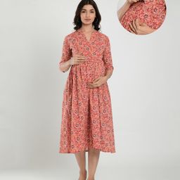 CRAFIQA Three Fourth Sleeves Floral Printed Maternity Dress With Concealed Zipper Nursing Access - Peach-image-57