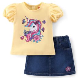 Babyhug Cotton Knit Half Sleeves Top & Denim Skirt Set With Unicorn Print - Yellow-image-13